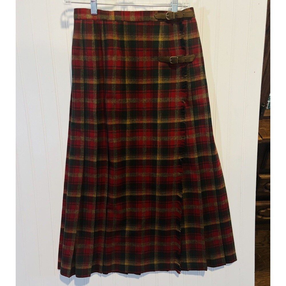 Pendleton Wrap Skirt Red Plaid Vintage Wool Knockabout Kilt Buckle Pleated Sz 10